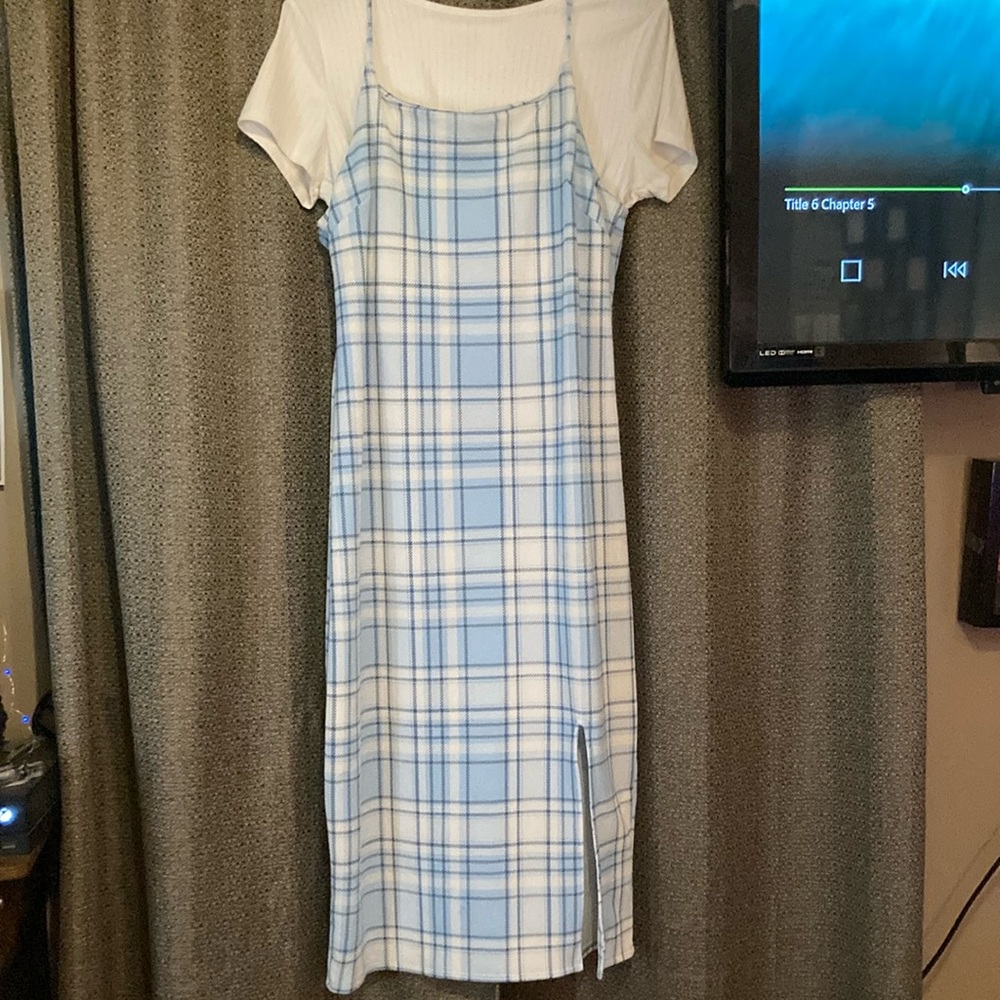 Blue Plaid Slip Dress with White Tee